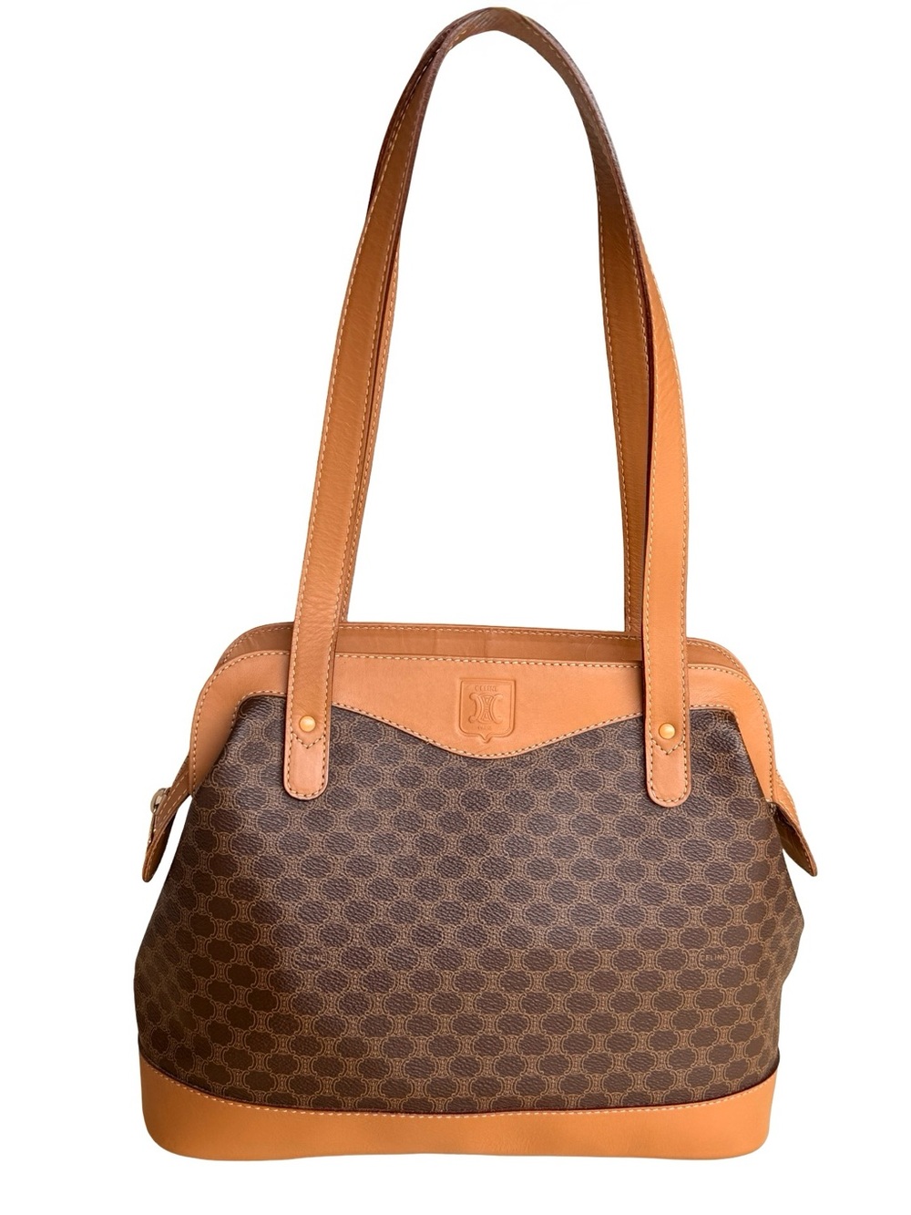 Celine Vintage Macadam Canvas Shoulder Bag Brown Tan Leather Trim Tote